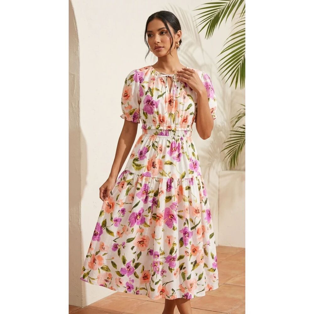 Kaii Short Puff Sleeves Maxi Dress in Poplin White Big Floral Size Large